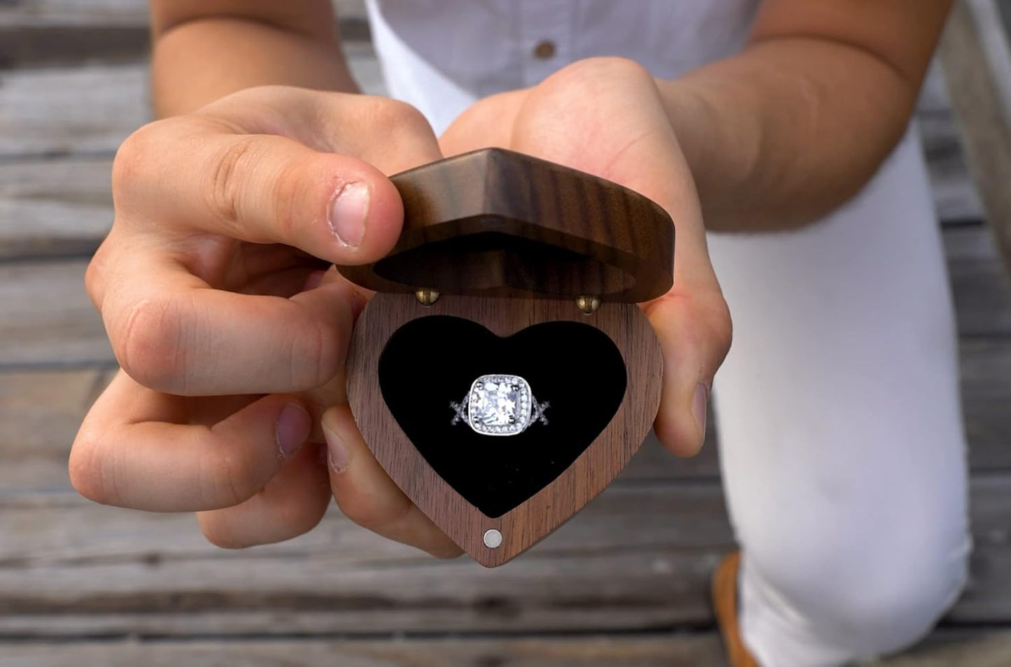 Engagement Ring Box for Proposal Pocket Size Walnut Wooden Heart Engraved (It Was Always You)