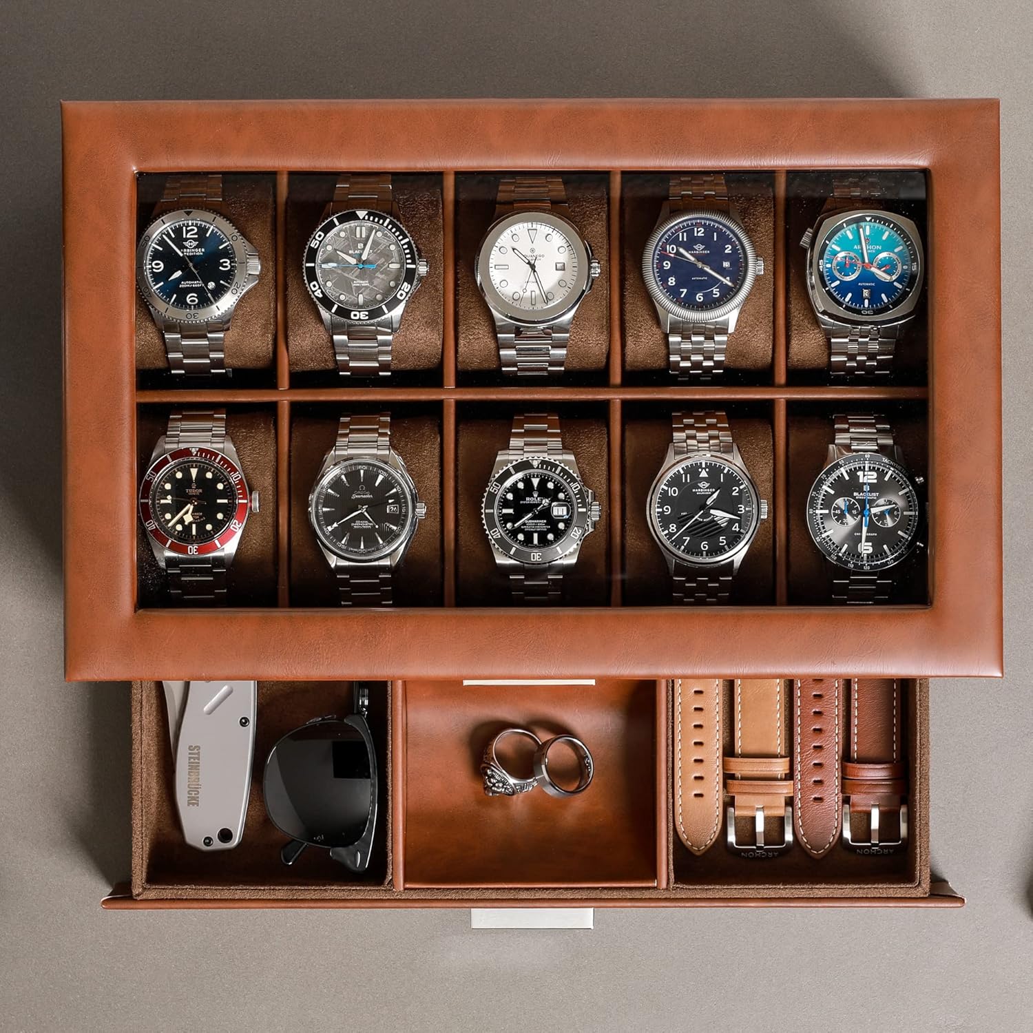 10-Slot Watch Box in Leather with Valet Drawer, Luxury Watch Case Display Organizer with Ultra Soft Microsuede Liner, Jewelry and Sunglass Holder with Large Glass Top (Tan/Brown)