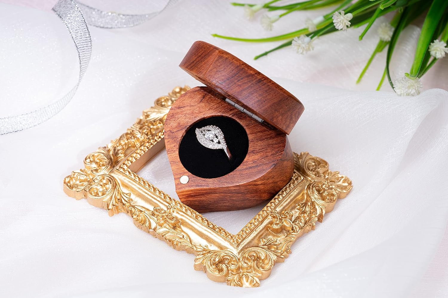 Ring Box Heart - Handmade Wooden Ring Box for Proposal, Engagement Ring Box Wood, Unique Proposal Ring Box Engraved with Will You Marry Me? (Heart Shape Ring Box)