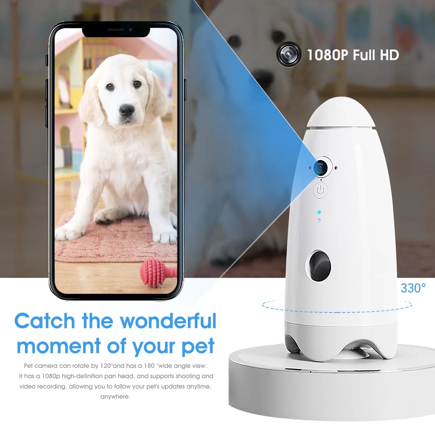 Smart 1080P Dog Camera 180 View with Treat Dispenser - Interactive Pet Feeder and Monitoring System Designed for Dogs