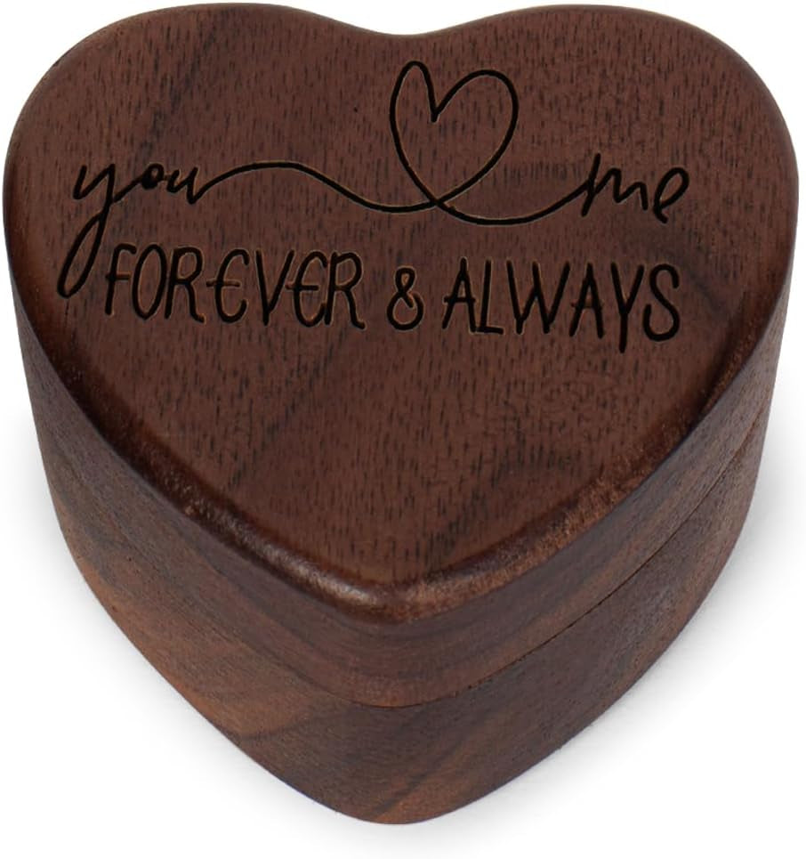 Wooden Heart Shape Ring Box Engraved for Proposal, Engagement, Wedding (Pattern F- Forever and Always)