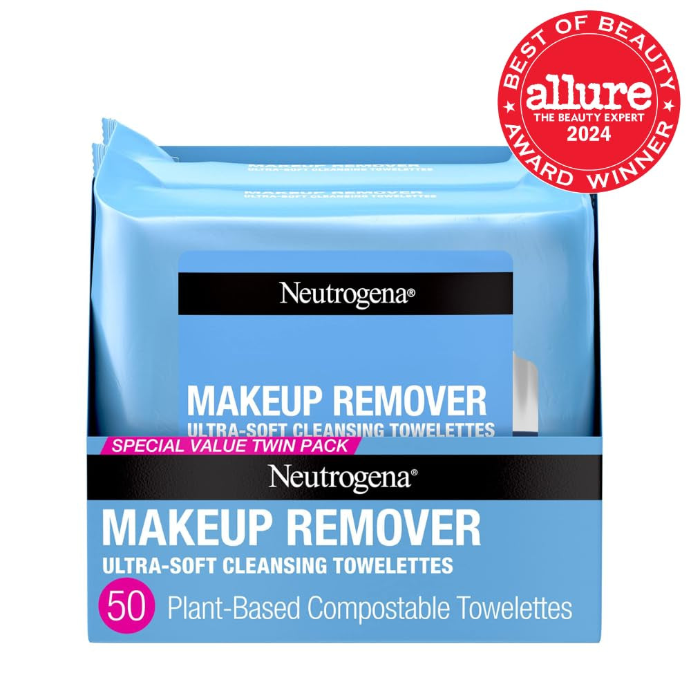 Makeup Remover Wipes, Ultra-Soft Cleansing Facial Towelettes for Waterproof Makeup, Alcohol-Free, Plant-Based, 50 Count (2 Packs of 25)