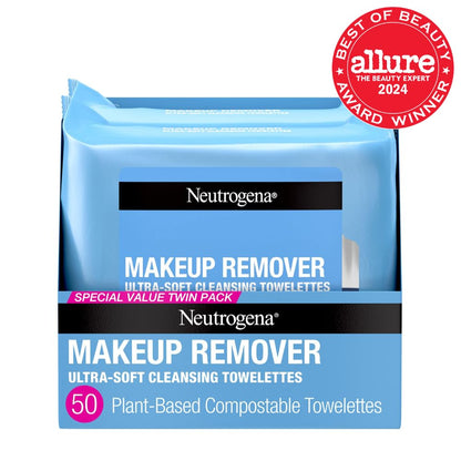 Makeup Remover Wipes, Ultra-Soft Cleansing Facial Towelettes for Waterproof Makeup, Alcohol-Free, Plant-Based, 50 Count (2 Packs of 25)