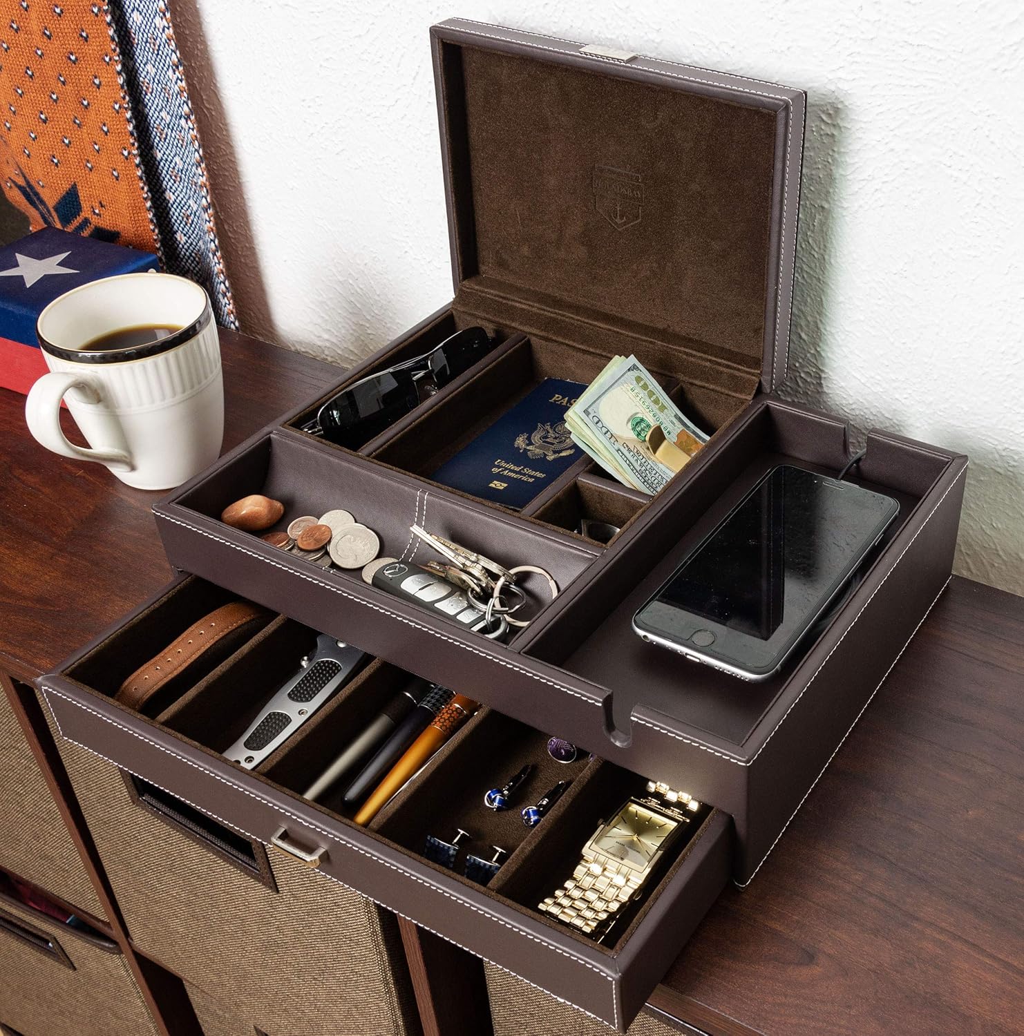 Mens Watch Box Leather Valet Tray - Bedside Table Organizer, Men'S Jewelry Box, Watch Case for Men with Large Smartphone Charging Station - Jewelry Box for Men with Valet Box and Nightstand Organizer