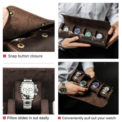 CONTACT'S FAMILY Vintage Genuine Leather Watch Case Box Men Watches Travel Wristwatch Roll Case Holder High Quality Gift for Men