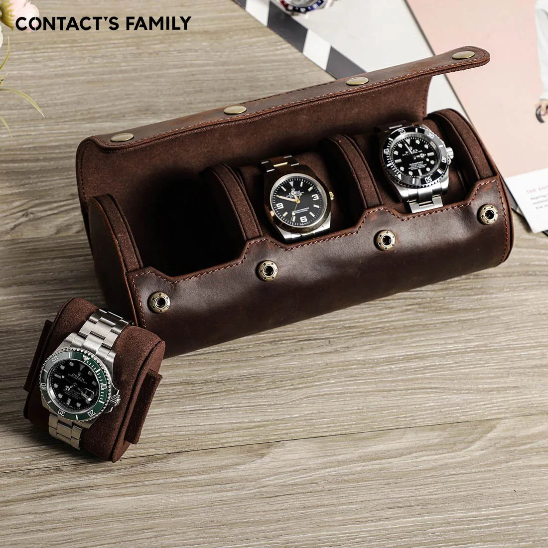 CONTACT'S FAMILY Vintage Genuine Leather Watch Case Box Men Watches Travel Wristwatch Roll Case Holder High Quality Gift for Men