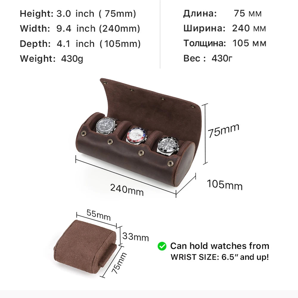 CONTACT'S FAMILY Vintage Genuine Leather Watch Case Box Men Watches Travel Wristwatch Roll Case Holder High Quality Gift for Men