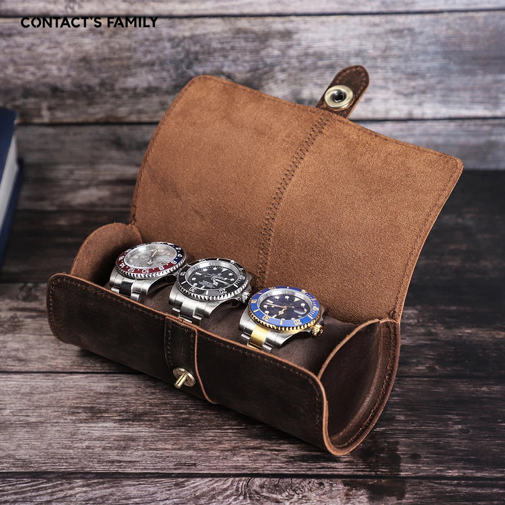 CONTACT'S FAMILY Luxury Handmade Watch Roll Box Organizer 3 Slots Watch Travel Leather Case Holder for Men and Women with Buckle