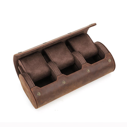 CONTACT'S FAMILY Vintage Genuine Leather Watch Case Box Men Watches Travel Wristwatch Roll Case Holder High Quality Gift for Men