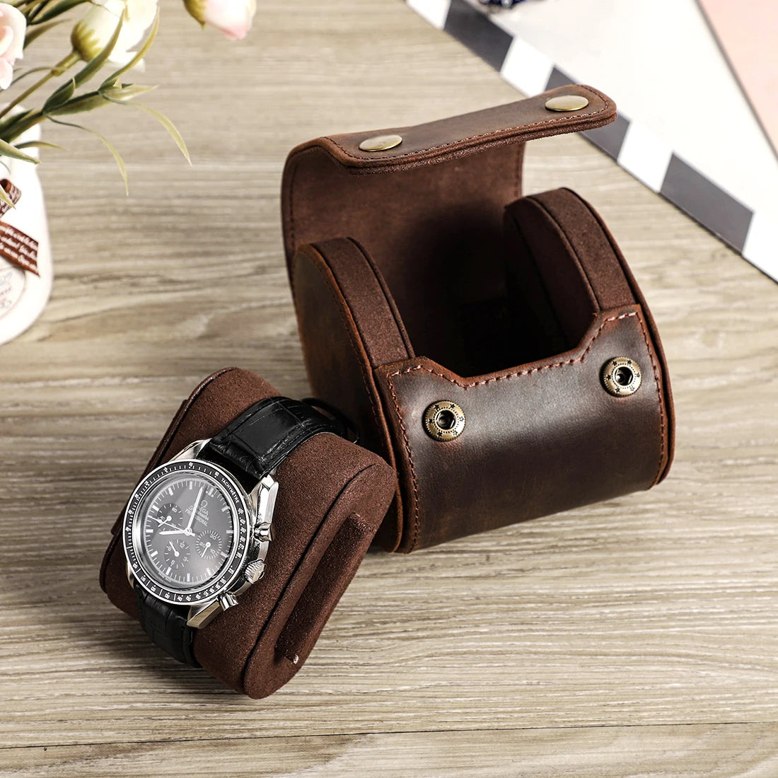 CONTACT'S FAMILY Vintage Genuine Leather Watch Case Box Men Watches Travel Wristwatch Roll Case Holder High Quality Gift for Men