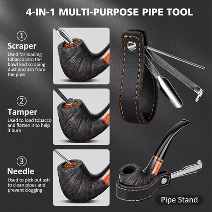 Smoking Pipe Set with PU Leather Pouch,Wood Pipe with 4-In-1 Pipe Stand Holder and Pipe Accessories,Beginner Pipe Kit