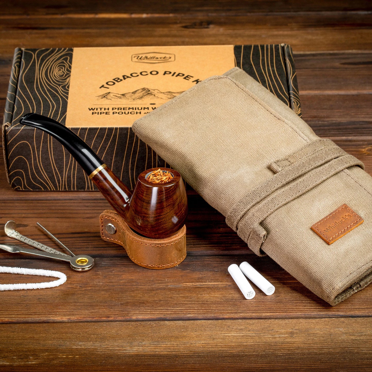 Whitluck'S Handmade Wooden Tobacco Pipe with Waxed Canvas Pipe Roll, Smoking Pipe Kit with Travel Tobacco Pouch - Gift Set and Accessories