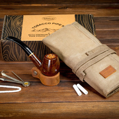 Whitluck'S Handmade Wooden Tobacco Pipe with Waxed Canvas Pipe Roll, Smoking Pipe Kit with Travel Tobacco Pouch - Gift Set and Accessories