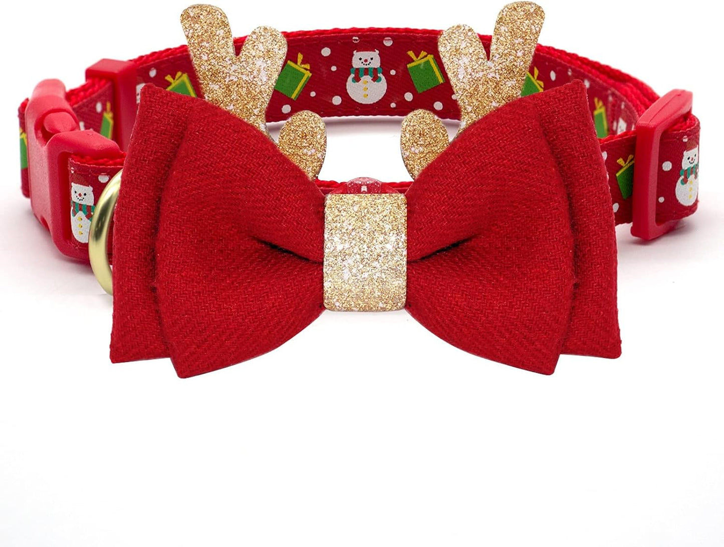 Festive Adjustable Christmas Dog Collar with Antler Bow Tie and Snowman Design for Medium Dogs