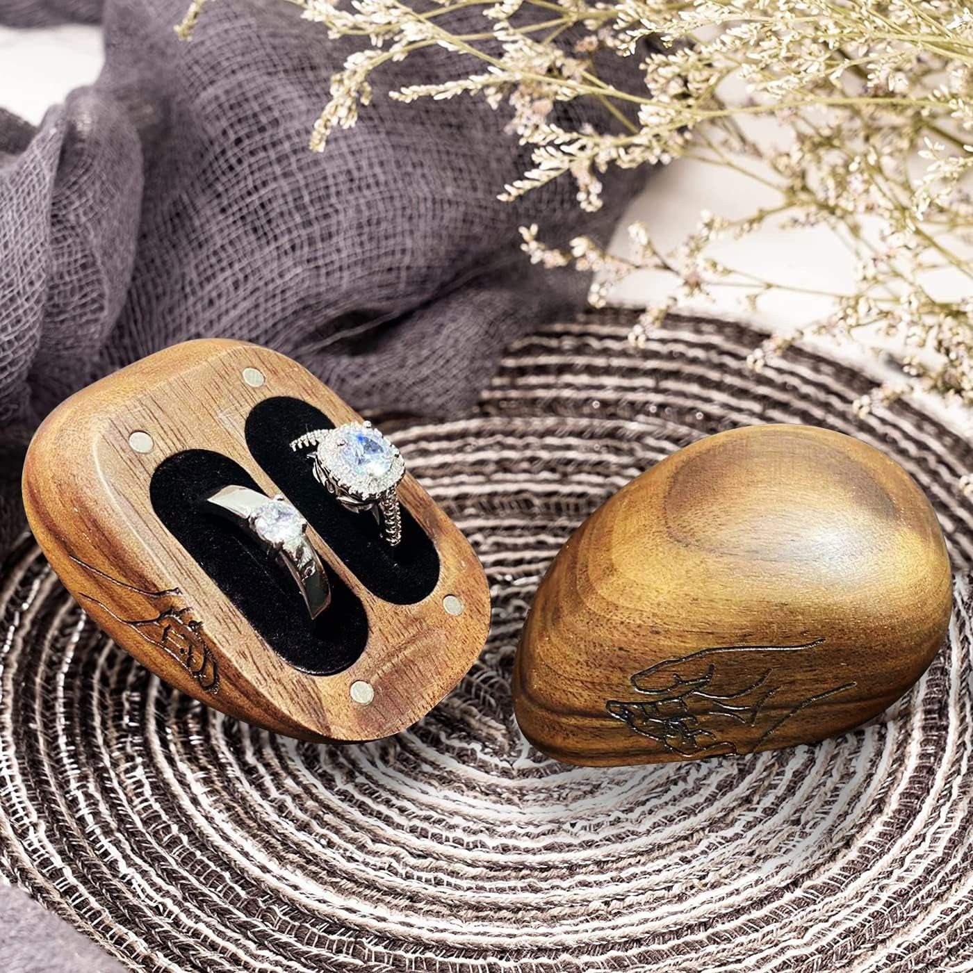 Wooden Ring Box for Wedding Ceremony-Heart Shaped Ring Box- Solid Wood Double Ring Bearer Box-Engraved Vintage Ring Box (Walnut)