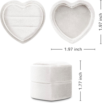 Velvet Ring Box 2 Slots Heart Shape Proposal Ring Case with Detachable Lid Ring Holder (White)