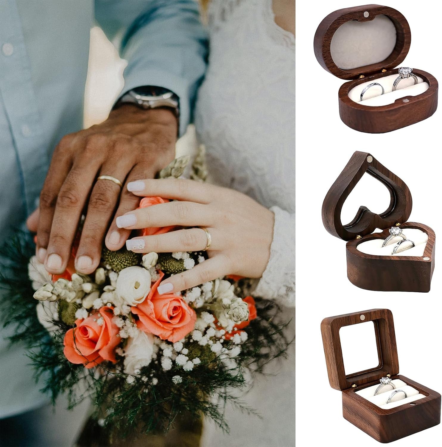 Wooden Ring Box, Personalized Ring Box Mini Engagement Ring Holder Box, Heart-Shaped Wedding Ring Box for Ring, Elegant and Retro Ring Holder Box for Wedding Ceremony Christmas Gift