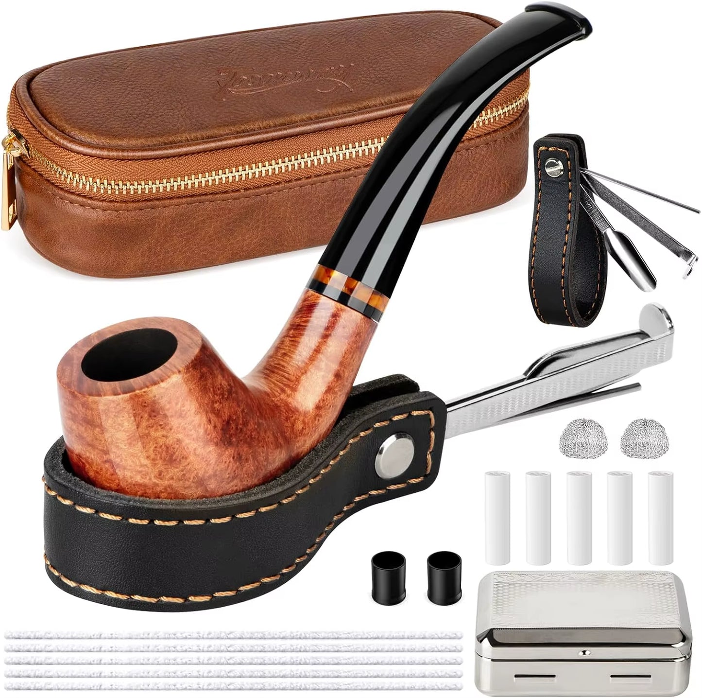 Smoking Pipe Set with PU Leather Pouch,Wood Pipe with 4-In-1 Pipe Stand Holder and Pipe Accessories,Beginner Pipe Kit