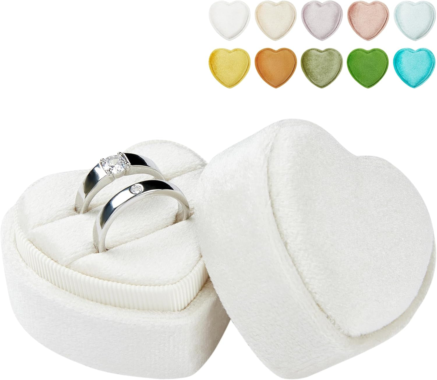 Velvet Ring Box 2 Slots Heart Shape Proposal Ring Case with Detachable Lid Ring Holder (White)