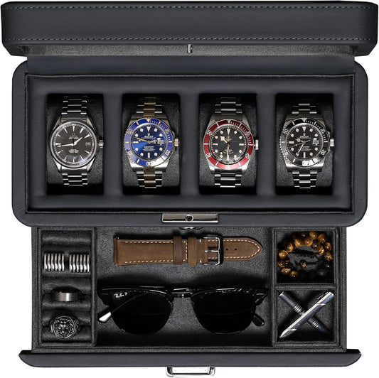 4 Slot Leather Watch Box with Valet Drawer - Luxury Watch Case Display Jewelry Organizer, Locking Watch Display Case Holder with Real Glass Top - Watch Box Organizer for Men & Women (Carbon)