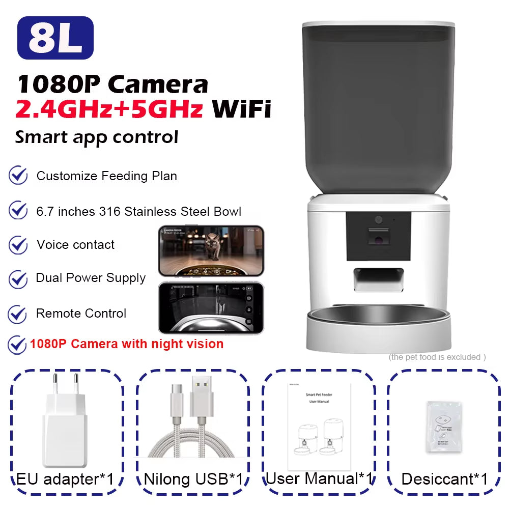 8L Automatic Cat Feeder with 1080P Camera Video Wifi Cat Food Dispenser Pet Smart Voice Recorder Remote Control Pet Auto Feeder