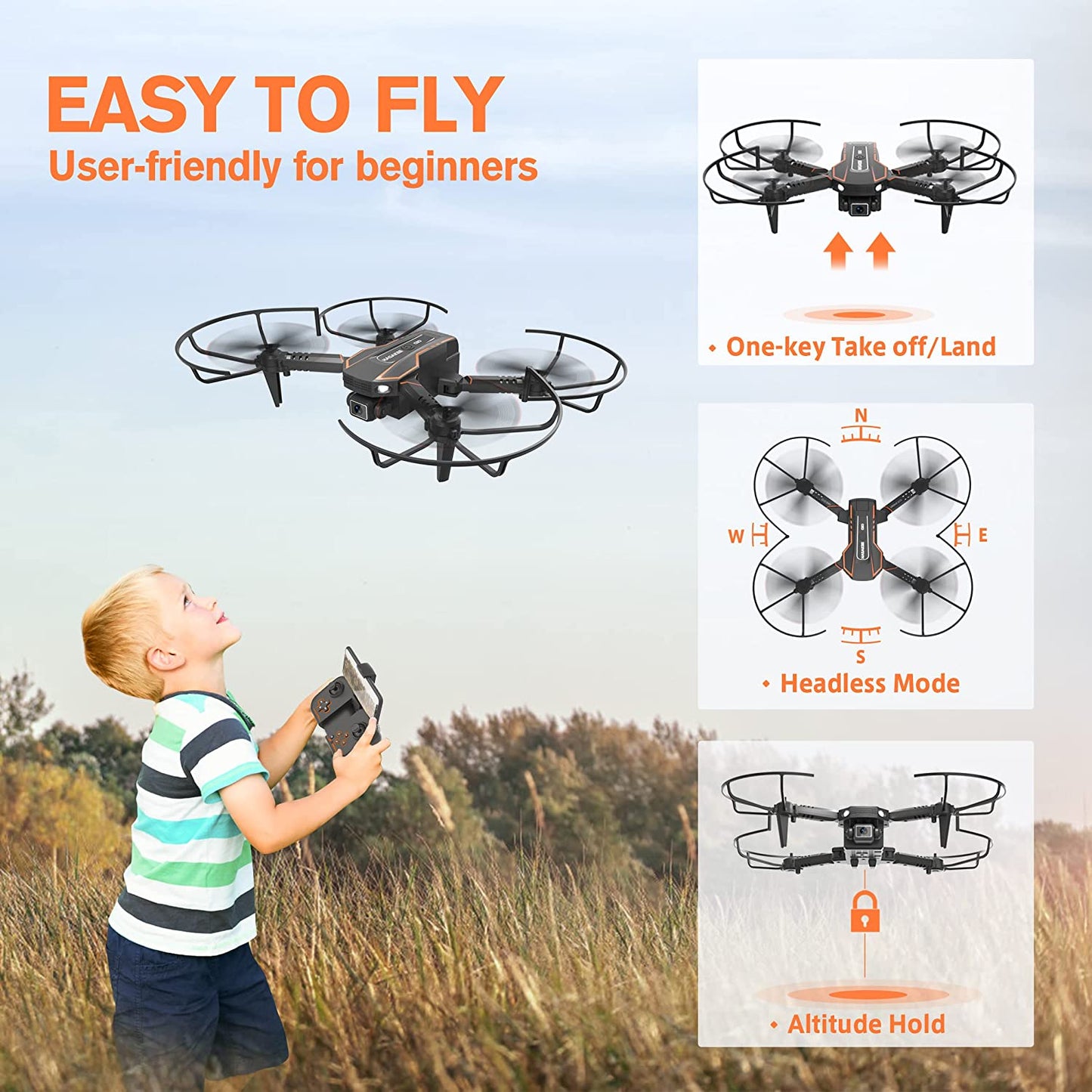 Drohne Mit Kamera HD 720P Für Kinder, RC Drone Quadcopter Mit Wifi Übertragung, Kopflos Modus, 3D Flip, Höhenhaltung, Flugbahn, Spielzeug Und Geschenke Für Jungen Mädchen Anfänger