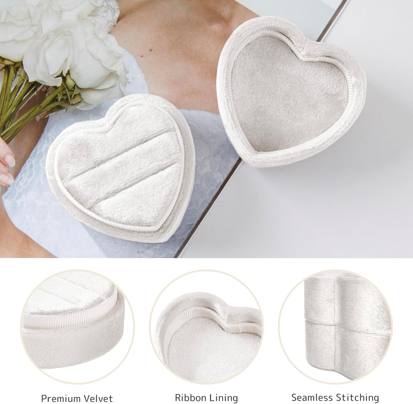 Velvet Ring Box 2 Slots Heart Shape Proposal Ring Case with Detachable Lid Ring Holder (White)