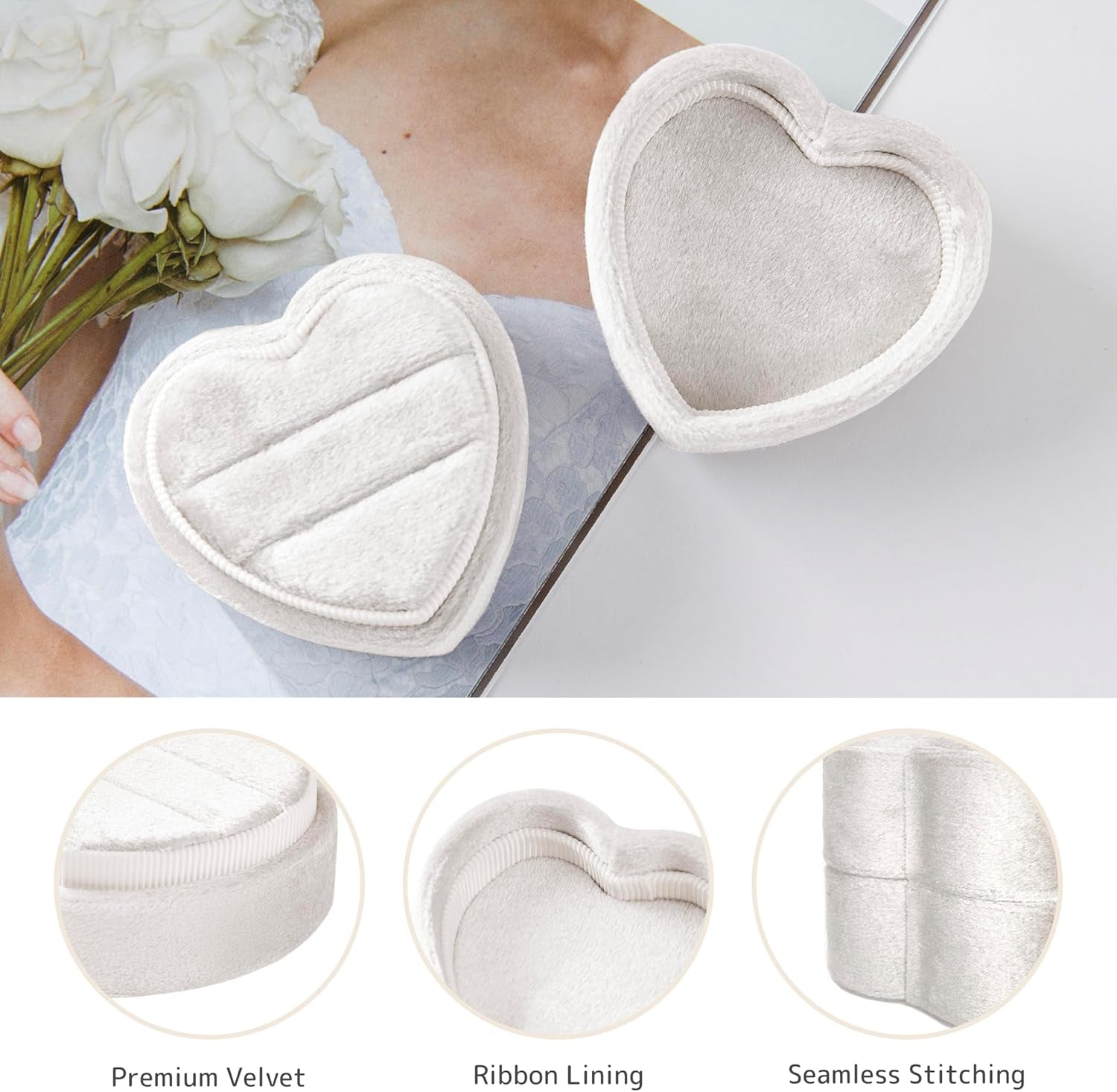 Velvet Ring Box 2 Slots Heart Shape Proposal Ring Case with Detachable Lid Ring Holder (White)