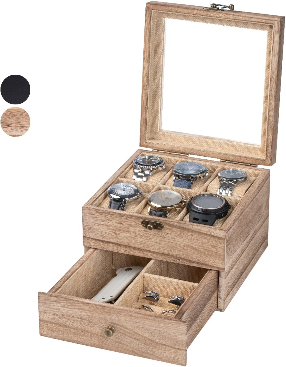 Watch Box, Watch Case for Men Women with Large Glass Lid, Wooden Watch Display Storage Box with 2 - Layers & 6 - Slots, Wood Mens Watch Box Organizer