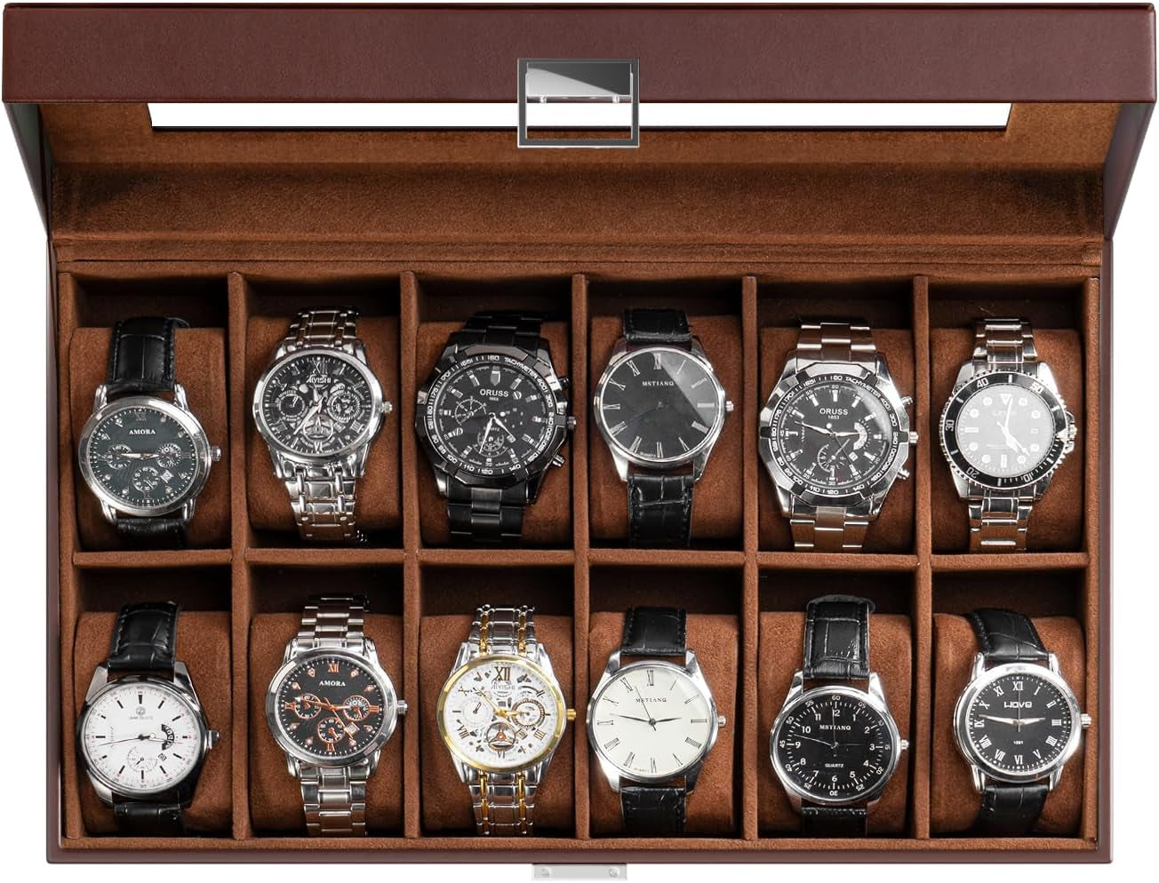 Watch Box Organizer for Men, 12 Slot Watch Display Case with Glass Lid, PU Leather Watch Storage Mens Watch Case, Watch Holder Organizer for Men Women -12 Slot, Brown