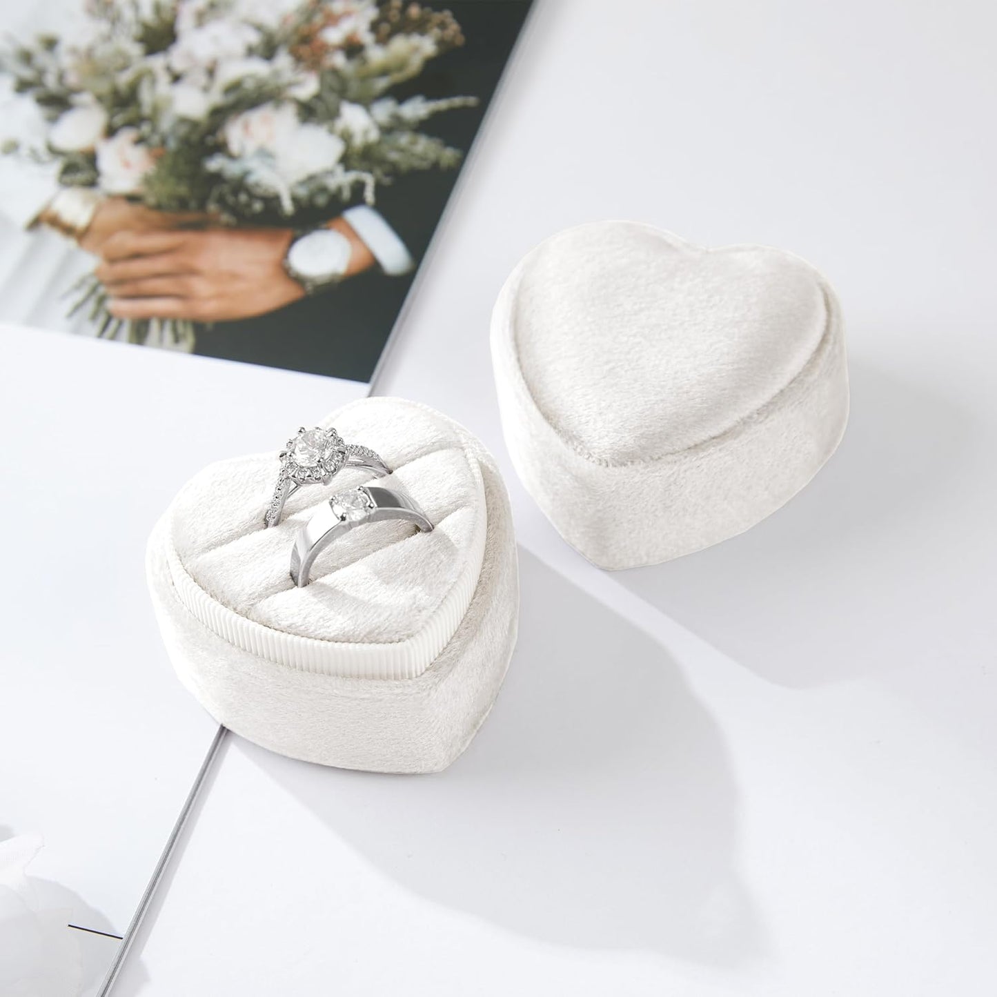 Velvet Ring Box 2 Slots Heart Shape Proposal Ring Case with Detachable Lid Ring Holder (White)