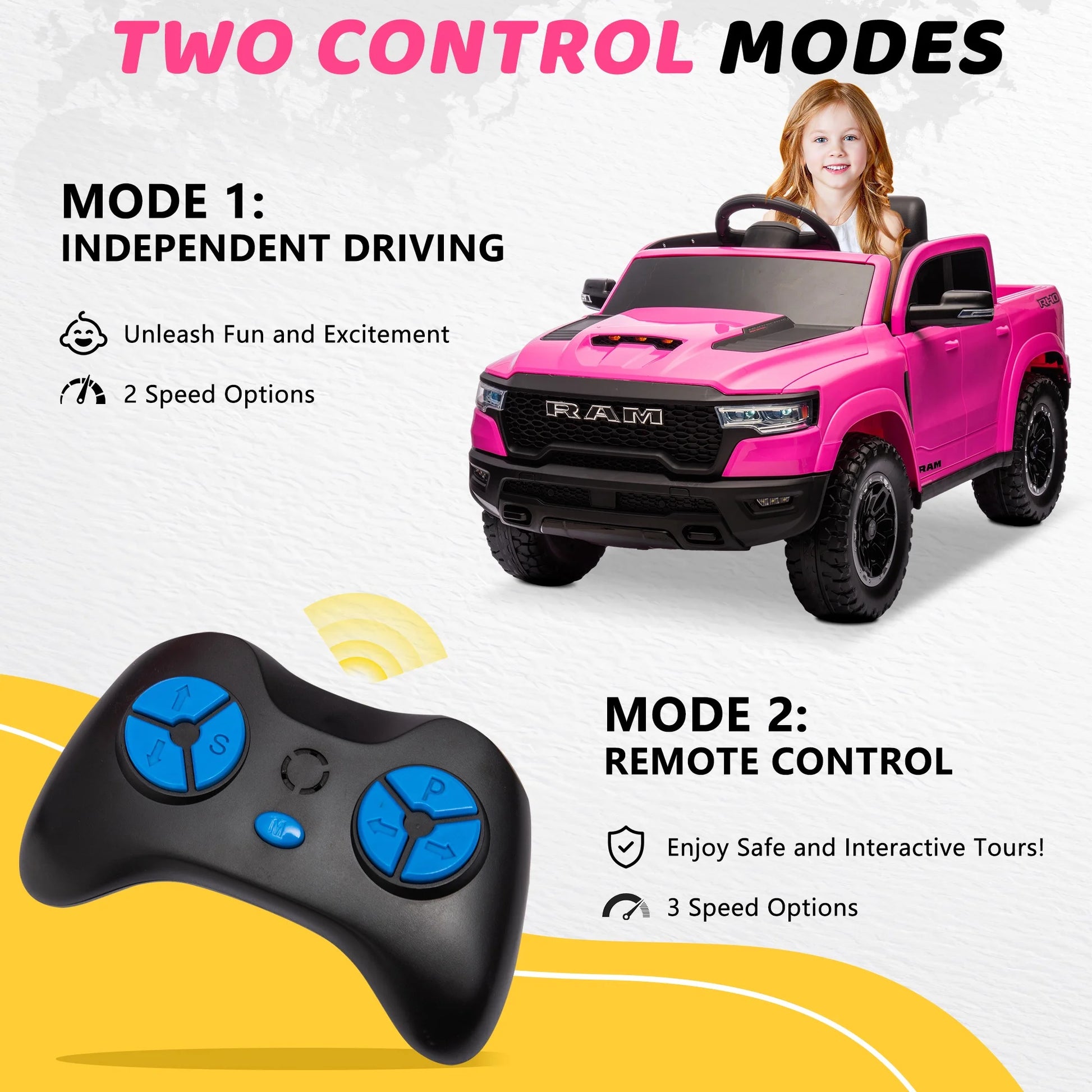 Dodge RAM Ride on Car, 12V Powered Ride on Toy with Remote Control, 4 Wheel Suspension, 5 Point Safety Belt, MP3 Player, Bluetooth, LED Lights, Electric Cars for 3-8 Years Boys Girls