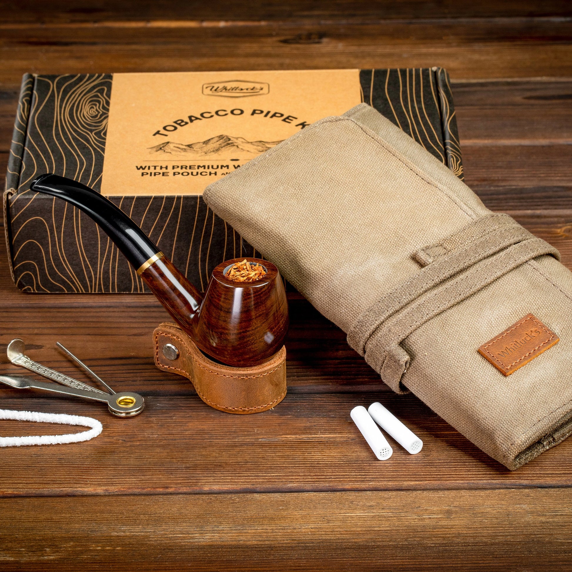 Whitluck'S Handmade Wooden Tobacco Pipe with Waxed Canvas Pipe Roll, Smoking Pipe Kit with Travel Tobacco Pouch - Gift Set and Accessories