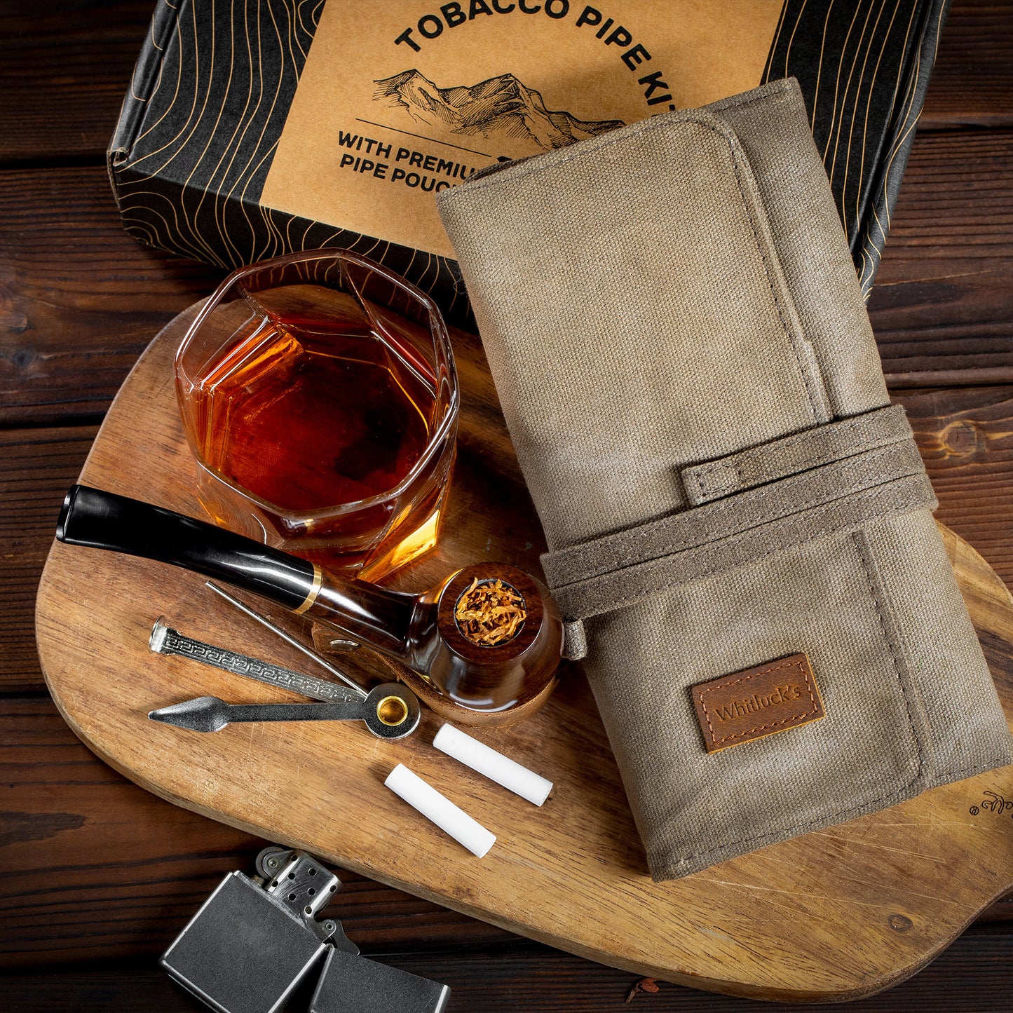 Whitluck'S Handmade Wooden Tobacco Pipe with Waxed Canvas Pipe Roll, Smoking Pipe Kit with Travel Tobacco Pouch - Gift Set and Accessories